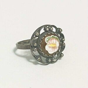 Vintage Soviet enamel ring with floral motif, delicate folk-inspired design.